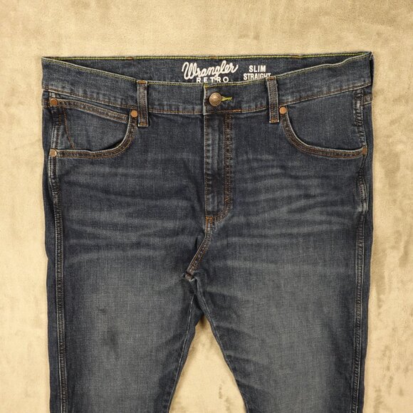 Wrangler Retro Slim Straight Jeans Dark Wash Men’s 36x34 Blue Denim - Picture 2 of 12